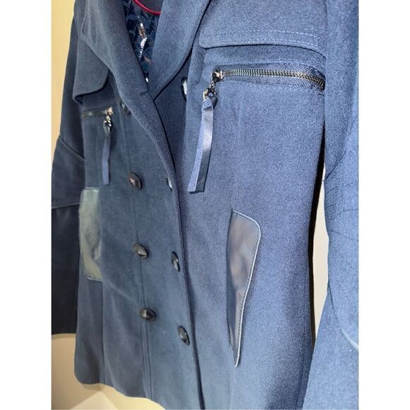 RUD By Rudsak Double Breasted Blue Pea Coat With Leather Trim Pockets - Picture 2 of 10